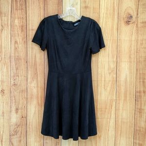 AUDREY 3+1 Black Microsuede Skater Dress Short Sleeves Sz M